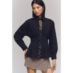 Exquise Tobie Pleated Blouse Sz XL Sparkle Embellished Button Up Event Career